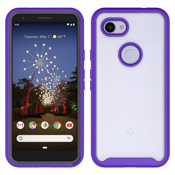 Wholesale Google Pixel 3A Clear Transparent Dual Defense Hybrid Armor Case (Purple)